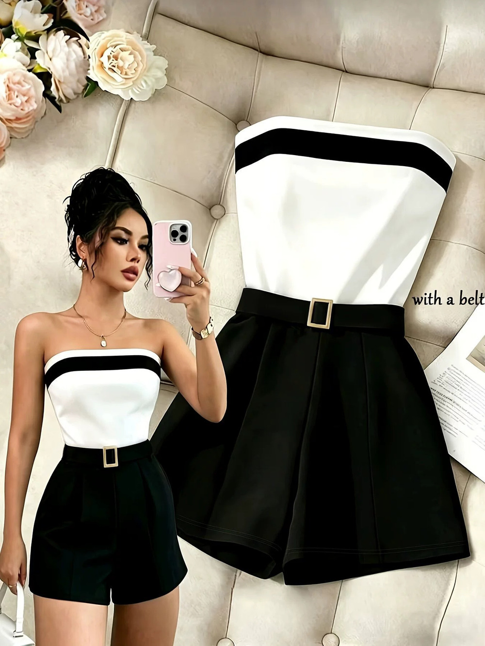 ZARA Women Summer Strapless Colorblock High Waist Slim Wide Leg Romper Set